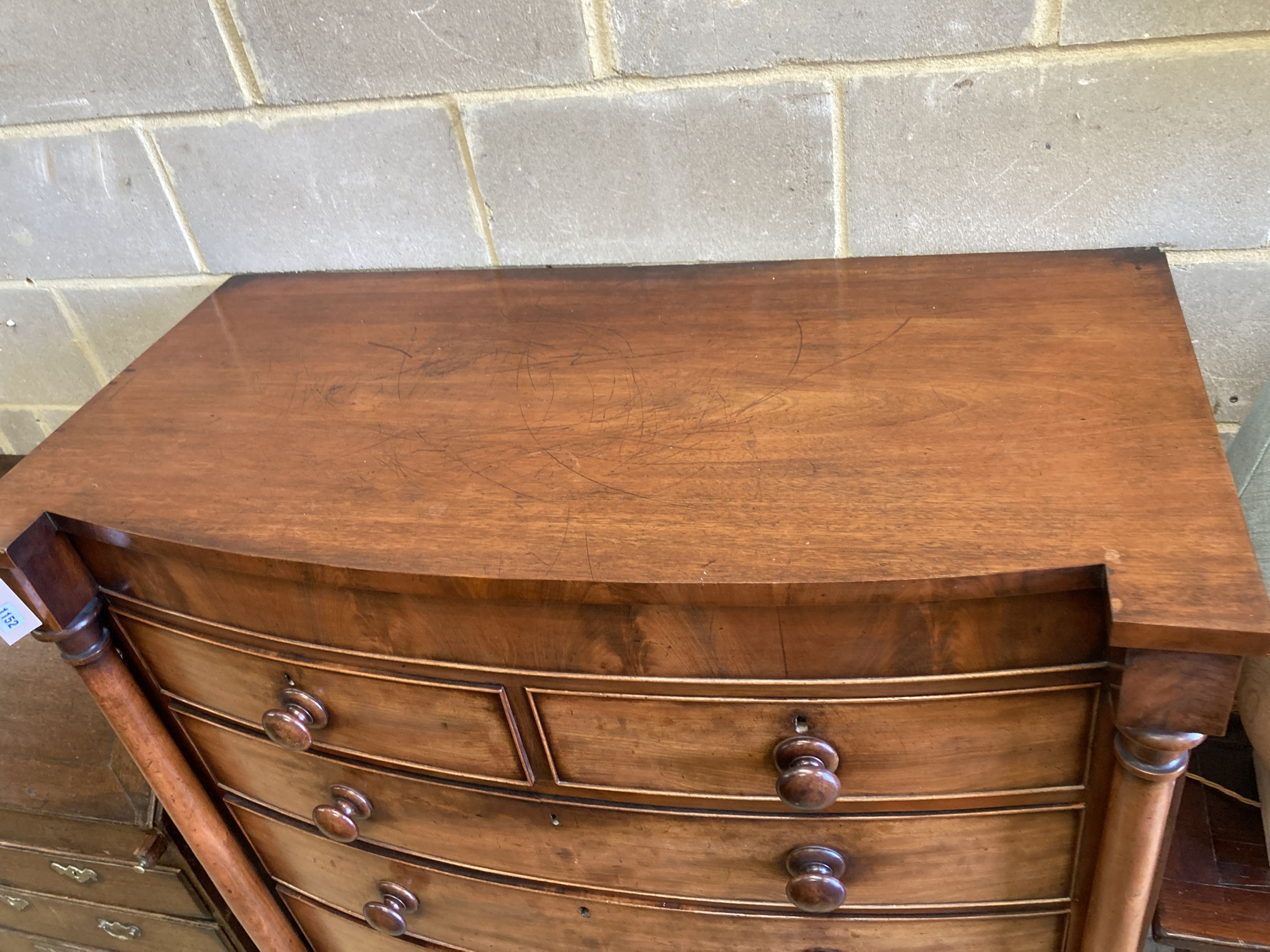 A Victorian mahogany bow front chest, width 120cm, depth 57cm, height 137cm